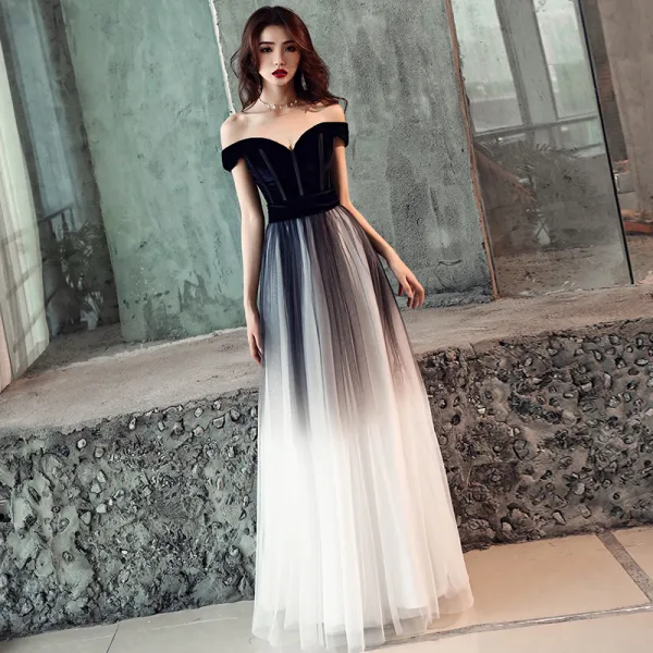 Elegant Gradient-Color Black Prom Dresses 2019 A-Line / Princess Off-The-Shoulder Short Sleeve Backless Floor-Length / Long Formal Dresses