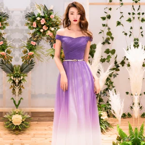 Chic Beautiful Purple Gradient Color Evening Dresses 2019 A Line Princess Off The Shoulder Short Sleeve Backless Floor Length Long Formal Dresses