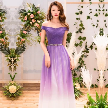 Chic Beautiful Purple Gradient Color Evening Dresses 2019 A Line Princess Off The Shoulder Short Sleeve Backless Floor Length Long Formal Dresses