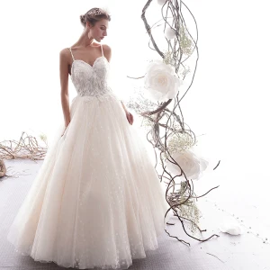 Élégant Champagne Robe De Mariée 2019 Princesse Bretelles Spaghetti Perlage Perle En Dentelle Fleur Sans Manches Dos Nu Longue