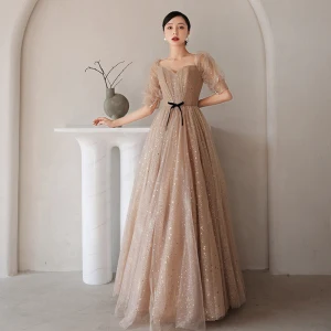 Charming Champagne Star Sequins Prom Dresses 2021 A Line Princess Square Neckline Short Sleeve Backless Bow Floor Length Long Formal Dresses