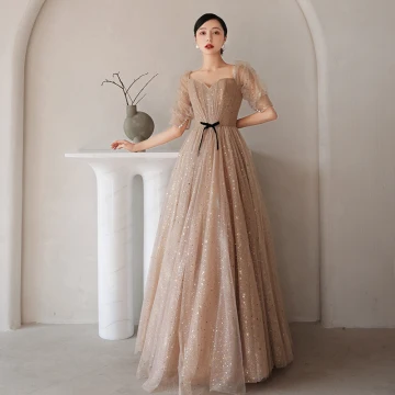 Charming Champagne Star Sequins Prom Dresses 2021 A Line Princess Square Neckline Short Sleeve Backless Bow Floor Length Long Formal Dresses