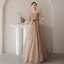 Charming Champagne Star Sequins Prom Dresses 2021 A-Line / Princess Square Neckline Short Sleeve Backless Bow Floor-Length / Long Formal Dresses