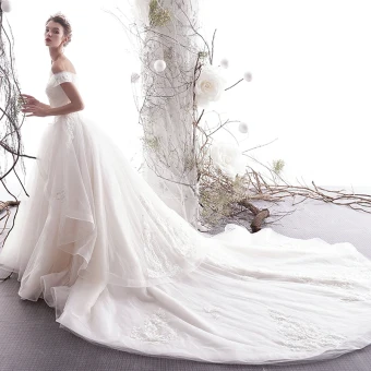 Modern Fashion Champagne Wedding Dresses 2019 A Line Princess Off The Shoulder Beading Lace Flower Short Sleeve Backless Royal Train