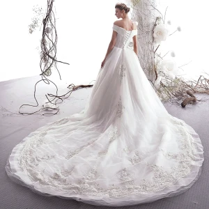 Elegant Ivory 2019 Wedding Dresses A Line Princess Off The Shoulder Beading Sequins Lace Flower Short Sleeve Backless Royal Train
