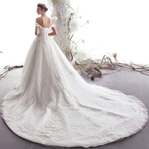 Elegant Ivory Wedding Dresses 2019 A Line Princess Off The Shoulder Beading Lace Flower Short Sleeve Backless Cathedral Train