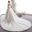 Elegant Ivory Wedding Dresses 2019 A-Line / Princess Off-The-Shoulder Beading Lace Flower Short Sleeve Backless Cathedral Train