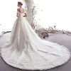 Elegant Ivory Wedding Dresses 2019 A-Line / Princess Off-The-Shoulder Beading Lace Flower Short Sleeve Backless Cathedral Train