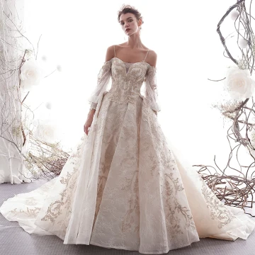 Luxury Gorgeous Champagne Wedding Dresses 2019 A Line Princess Spaghetti Straps Beading Crystal Lace Flower 3 4 Sleeve Backless Royal Train