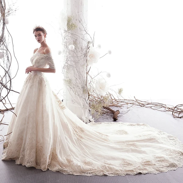 Luxury / Gorgeous Ivory Wedding Dresses 2019 A-Line / Princess Off-The-Shoulder Beading Lace Flower Short Sleeve Backless Royal Train