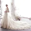 Luxury / Gorgeous Ivory Wedding Dresses 2019 A-Line / Princess Off-The-Shoulder Beading Lace Flower Short Sleeve Backless Royal Train