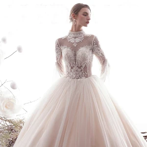 Chic Beautiful Champagne 2019 Wedding Dresses A Line Princess High Neck Lace Flower Beading Crystal 3 4 Sleeve Backless Floor Length Long