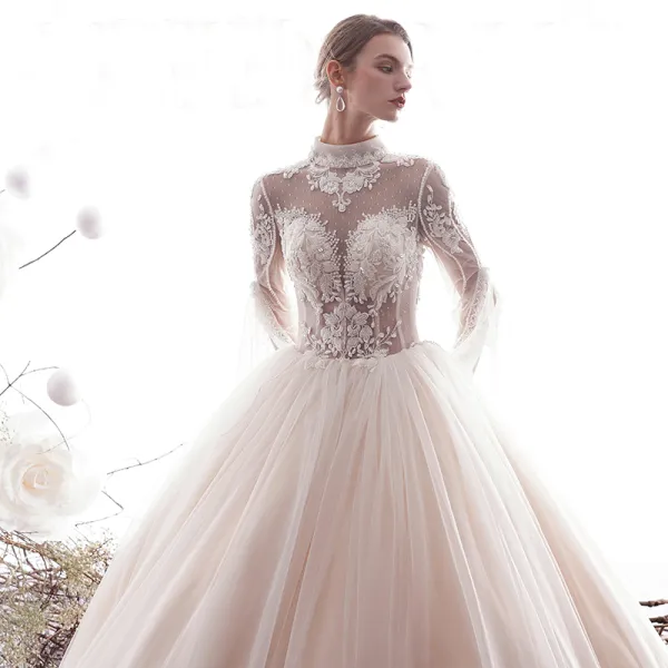 Chic / Beautiful Champagne 2019 Wedding Dresses A-Line / Princess High Neck Lace Flower Beading Crystal 3/4 Sleeve Backless Floor-Length / Long