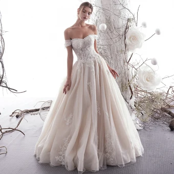 Chic Beautiful Ivory Wedding Dresses 2019 A Line Princess Off The Shoulder Beading Sequins Lace Flower Short Sleeve Backless Floor Length Long