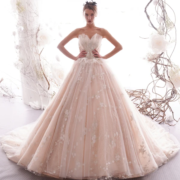 Luxury / Gorgeous Champagne Wedding Dresses 2019 A-Line / Princess Pleated Strapless Beading Lace Flower Sleeveless Backless Royal Train