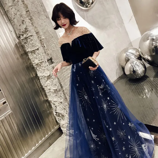 Modern / Fashion Navy Blue Evening Dresses  2019 A-Line / Princess V-Neck Glitter Star Rhinestone 1/2 Sleeves Backless Floor-Length / Long Formal Dresses
