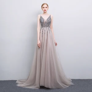 Sexy Grey Handmade Beading Evening Dresses 2019 A Line Princess V Neck Sequins Sleeveless Backless Sweep Train Formal Dresses