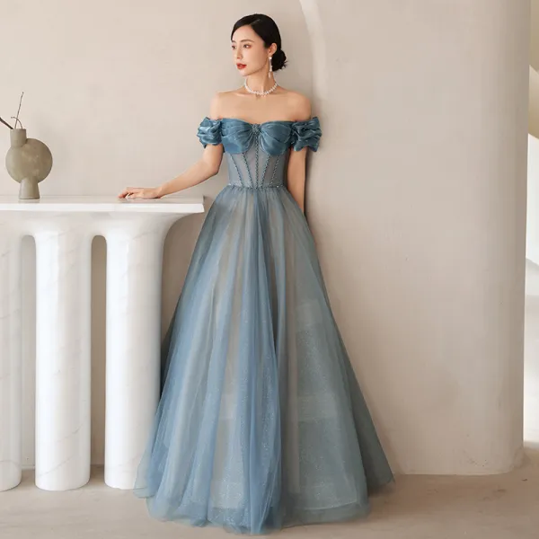 Seksowne Niebieskie Sukienki Na Bal 2021 Princessa Wzburzyć Przy Ramieniu Rhinestone Kótkie Rękawy Bez Pleców Długie Sukienki Wizytowe
