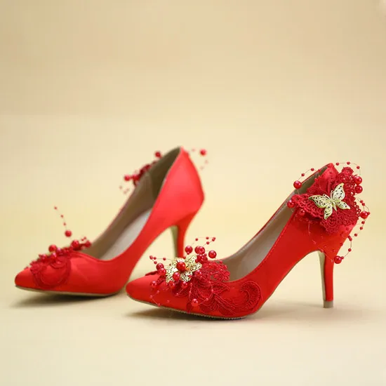 Affordable Red Wedding Shoes 2019 Beading Pearl Butterfly Lace Flower 8 cm Stiletto Heels Pointed Toe Wedding Pumps