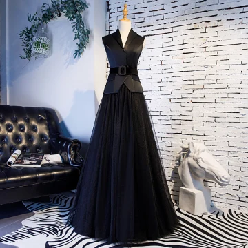 Vintage Retro Black Prom Dresses 2019 A Line Princess V Neck Sash Sleeveless Floor Length Long Formal Dresses
