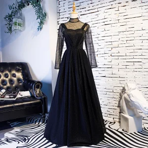 Élégant Vintage Originale Noire Robe De Bal 2019 Princesse Col Haut Faux Diamant Manches Longues Longue Robe De Ceremonie