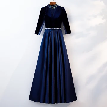 Elegant Royal Blue Evening Dresses 2019 A Line Princess Scoop Neck Beading Crystal 3 4 Sleeve Floor Length Long Formal Dresses
