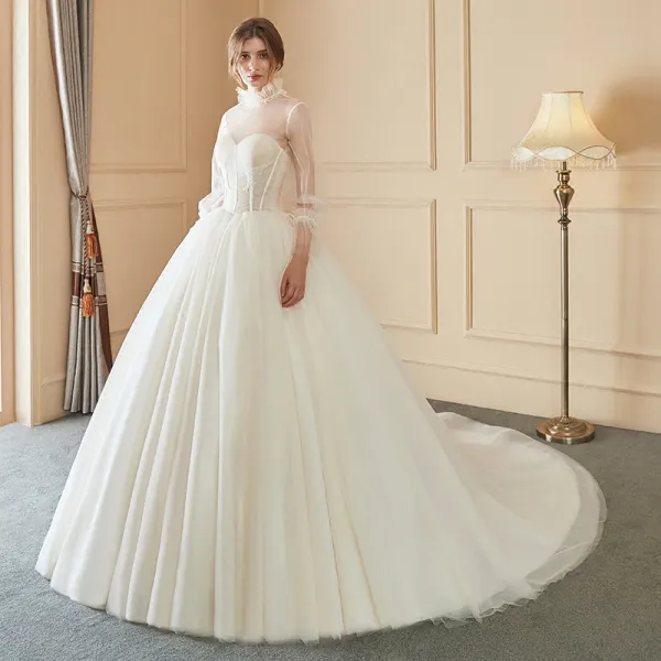 Elegant Ivory Wedding Dresses 2018 Ball Gown Beading Detachable With Shawl High Neck Backless Long Sleeve Chapel Train Wedding