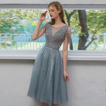 Sparkly Sky Blue Graduation Dresses 2021 A Line Princess Scoop Neck Beading Tassel Sequins Sleeveless Backless Tea Length Evening Party Formal Dresses