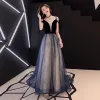 Elegant Navy Blue Evening Dresses  2019 A-Line / Princess Spaghetti Straps Suede Lace Star Sleeveless Backless Sweep Train Formal Dresses