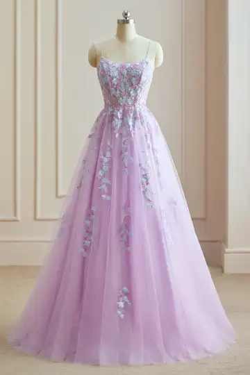 Blomma Fe Lavendel Spaghettiband 2024 Balklänningar Spets Blomma Korsade Remmar Ärmlös Prinsessa Formella Klänningar
