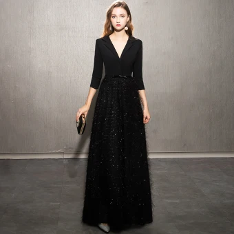 Élégant Noire Robe De Soirée 2019 Princesse V Cou Noeud Paillettes Gland 3 4 Manches Longue Robe De Ceremonie