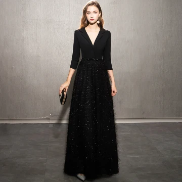 Elegant Black Evening Dresses 2019 A Line Princess V Neck Bow Sequins Tassel 3 4 Sleeve Floor Length Long Formal Dresses