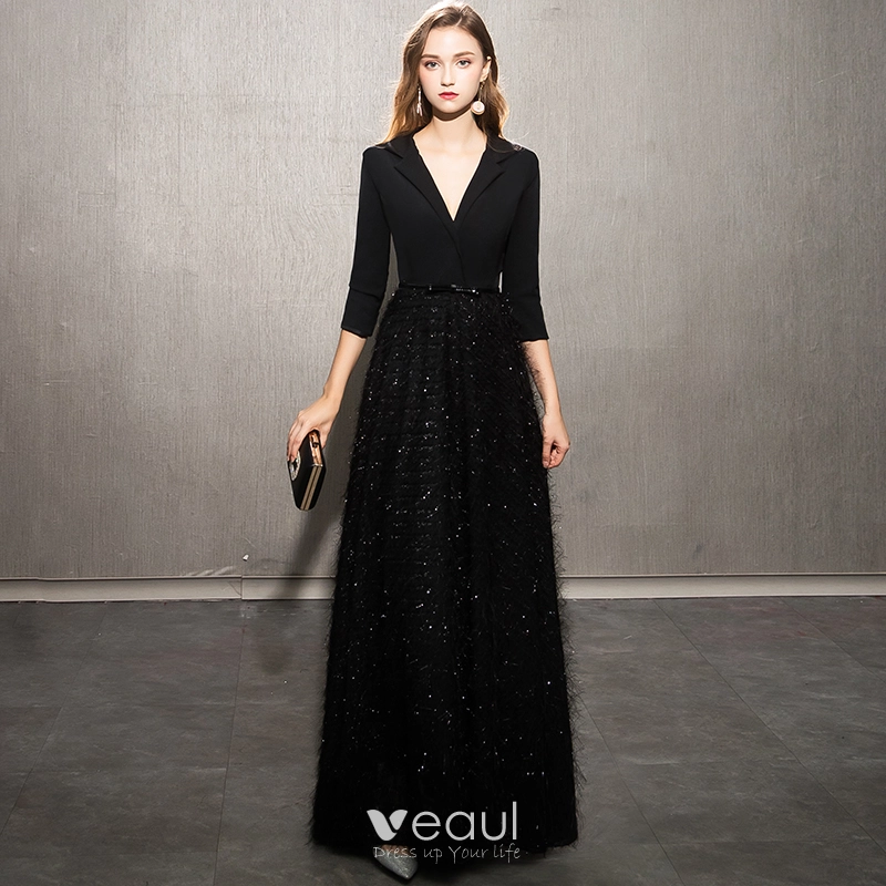 Elegant Black Evening Dresses 2019 A Line Princess V Neck Bow Sequins Tassel 3 4 Sleeve Floor Length Long Formal Dresses