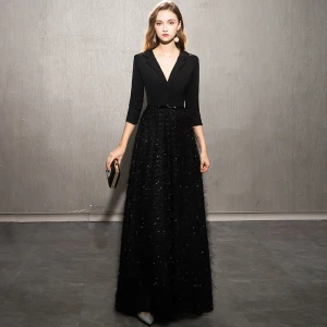 Elegant Black Evening Dresses 2019 A Line Princess V Neck Bow Sequins Tassel 3 4 Sleeve Floor Length Long Formal Dresses