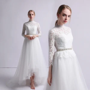 Vintage Elfenben Stranden Bröllopsklänningar 2019 Prinsessa Hög Hals Spets Rosett 3 4 Ärm Svep Tåg