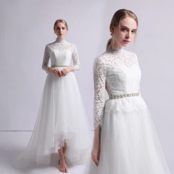 Vintage Originale Ivoire Plage Robe De Mariée 2019 Princesse Col Haut En Dentelle Noeud 3 4 Manches Train De Balayage