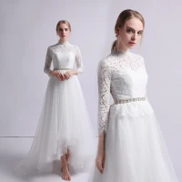 Vintage / Originale Ivoire Plage Robe De Mariée 2019 Princesse Col Haut En Dentelle Noeud 3/4 Manches Train De Balayage