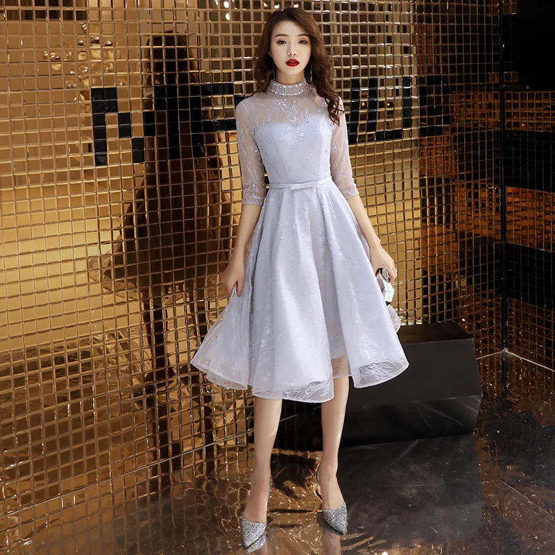 Elegant Grey Homecoming Graduation Dresses 2019 A-Line / Princess High Neck Sequins Lace Flower Bow 3/4 Sleeve Knee-Length Formal Dresses