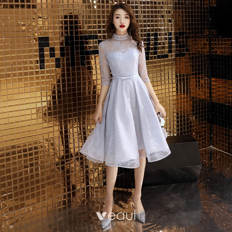 Elegantes Gris de fiesta Vestidos de graduacion 2019 A Line Princess Cuello Alto Lentejuelas Con Encaje Flor Bowknot 3 4 AErmer Por La Rodilla Vestidos Formales