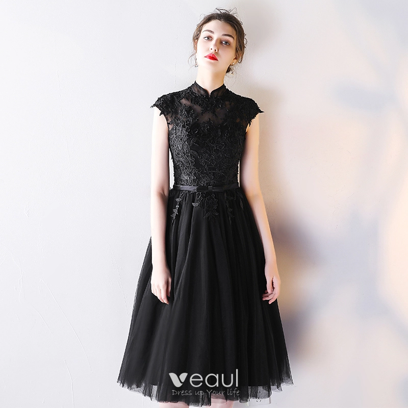 Chic / Beautiful Black Homecoming Graduation Dresses 2019 A-Line / Princess High Neck Lace Flower Bow Sleeveless Backless Short Formal Dresses
