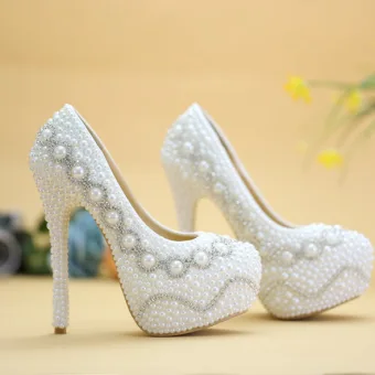 Piękne Białe Buty Ślubne 2019 Perła Rhinestone 14 Cm Szpilki Okrągłe Toe Ślub Czółenka
