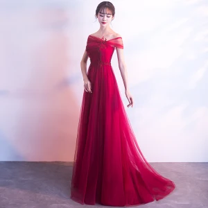 Charmant Bordeaux Robe De Soirée 2019 Princesse De L Épaule Perlage En Dentelle Fleur Sans Manches Dos Nu Train De Balayage Robe De Ceremonie