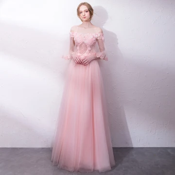 Chic Belle Perle Rose Robe De Soirée 2018 Princesse Paillettes Appliques De L Épaule Dos Nu Manches Courtes Longue Robe De Ceremonie