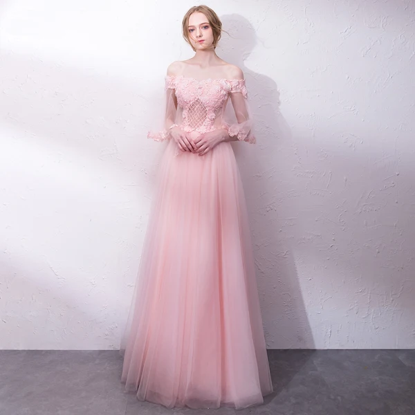 Chic / Belle Perle Rose Robe De Soirée 2018 Princesse Paillettes Appliques De l'épaule Dos Nu Manches Courtes Longue Robe De Ceremonie