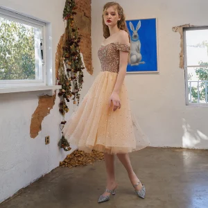 Sparkly Sexy Champagne Sequins Cocktail Party Cocktail Dresses 2021 A Line Princess Off The Shoulder Sleeveless Backless Tea Length Formal Dresses