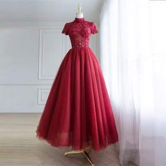 Chic Beautiful Burgundy Prom Dresses 2018 A Line Princess Handmade Beading Sequins Lace Flower High Neck Short Sleeve Backless Ankle Length Formal Dresses