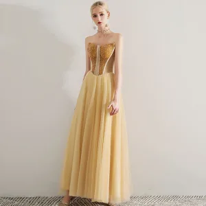 Sexy Gold Prom Dresses 2019 A Line Princess Strapless Beading Crystal Sleeveless Backless Floor Length Long Formal Dresses