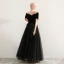 Elegant Black Prom Dresses 2019 A-Line / Princess V-Neck Suede Beading Short Sleeve Backless Floor-Length / Long Formal Dresses