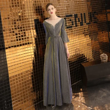 Elegant Grey Evening Dresses 2019 A Line Princess Scoop Neck Sequins 3 4 Sleeve Backless Floor Length Long Formal Dresses