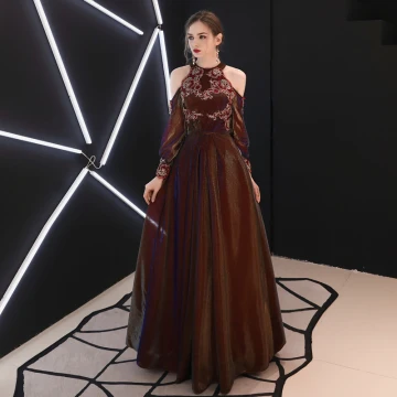 Chic Beautiful Burgundy Evening Dresses A Line Princess Strapless Lace Flower Puffy Long Sleeve Backless Floor Length Long Formal Dresses